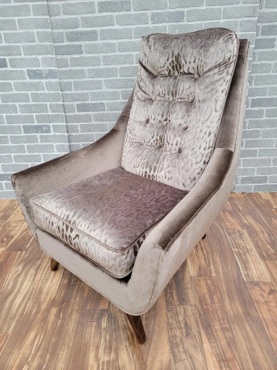 Mid Century Modern Adrian Pearsall Style High Back Lounge Chair Newly Upholstered in a "Leopard Pewter Mist" Velvet