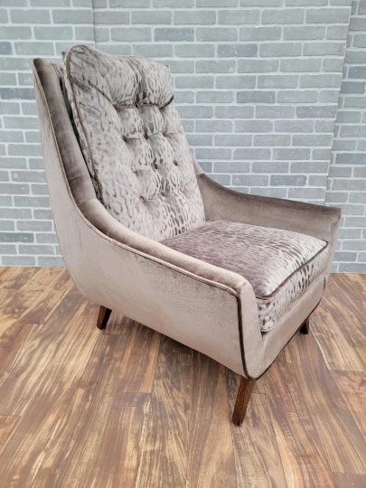 Mid Century Modern Adrian Pearsall Style High Back Lounge Chair Newly Upholstered in a "Leopard Pewter Mist" Velvet