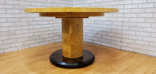 Vintage Blonde Burl & Rosewood Cylinder Pedestal Base Round Game-Table