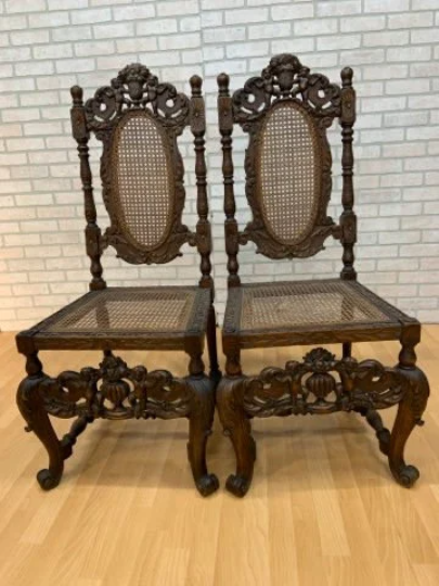 Antique Jacobean Renaissance Revival Heavily Carved Oak Cane Throne Chairs - Pair