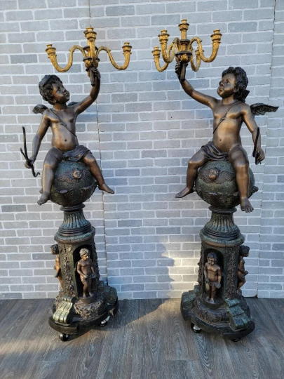 Vintage Victorian Style Winged Cherub Candelabra Bronze Statues - Set of 2