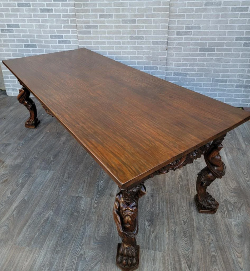 Antique French Renaissance Hand Carved Solid Walnut Figural Dining Table