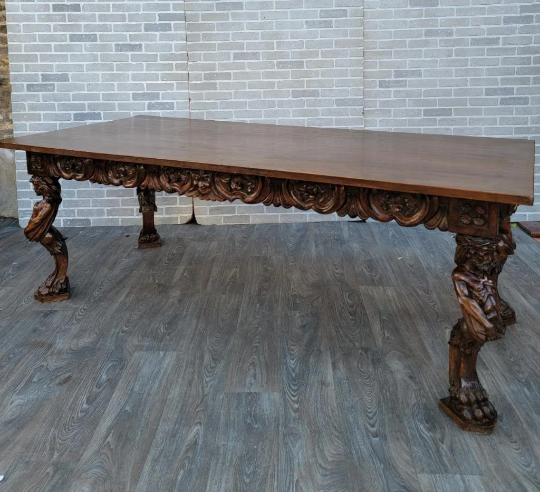 Antique French Renaissance Hand Carved Solid Walnut Figural Dining Table