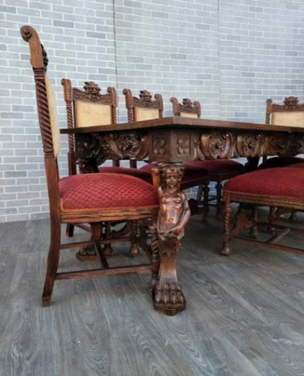 Antique French Renaissance Hand Carved Solid Walnut Figural Dining Table