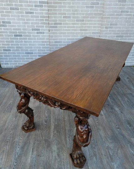 Antique French Renaissance Hand Carved Solid Walnut Figural Dining Table