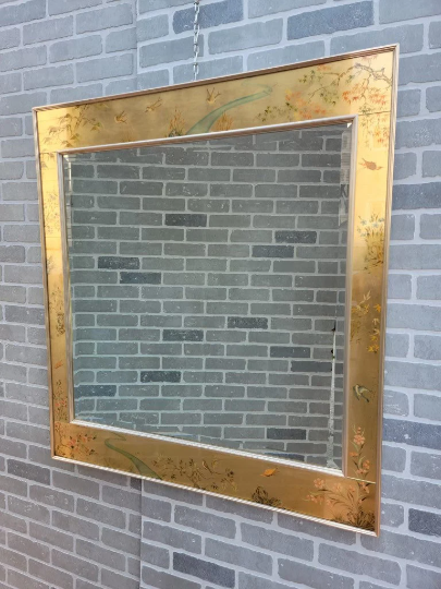 Mid Century Labarge Gold Chinoiserie Eglomise Reverse Painted Wall Mirror