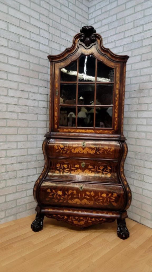 Antique Rare Dutch Walnut Inlaid Marquetry Corner Display Cabinet