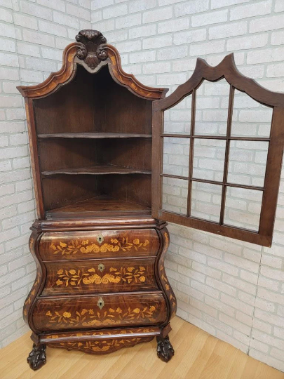 Antique Rare Dutch Walnut Inlaid Marquetry Corner Display Cabinet