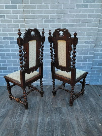 Antique French Gothic Revival Hand Carved Oak High Back Dining Chairs - Set of 4