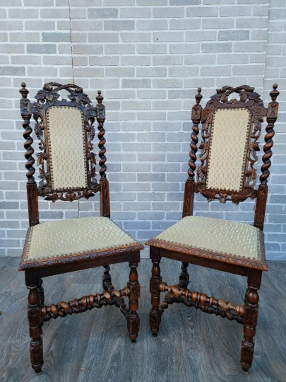 Antique French Gothic Revival Hand Carved Oak High Back Dining Chairs - Set of 4
