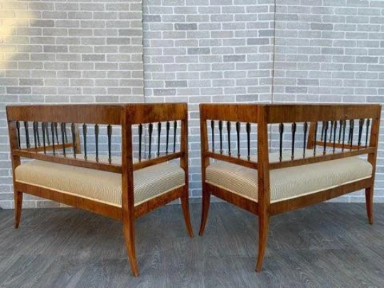 Antique Swedish Neoclassical Burled Birchwood Biedermeier Sofa Benches - Pair