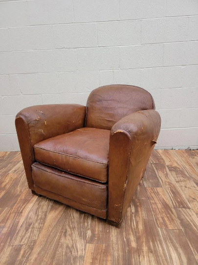 Vintage French Art Deco Round Back Leather Club Chair
