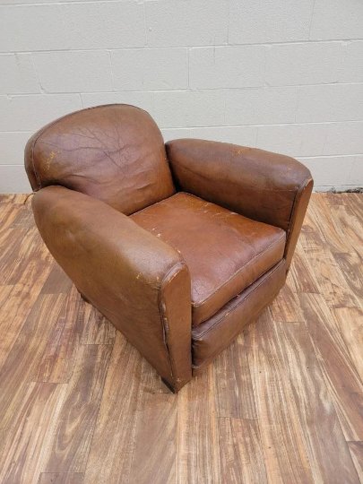 Vintage French Art Deco Round Back Leather Club Chair