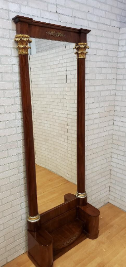 Antique Empire Tall Corinthian Columned Mahogany Floor Mirror
