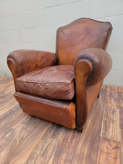 French Art Deco Distressed Brown Leather Club Chair