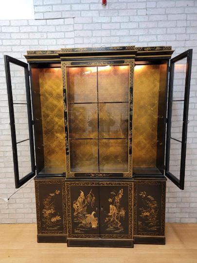 Vintage Asian Chinoiserie Drexel Hand Painted Breakfront Display China Cabinet