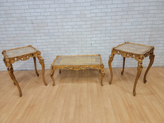 Antique Italian Rococo Inlaid Marquetry Top Hand Carved Figural Cherub Leg Side Tables and Coffee Table - 3 Piece Set