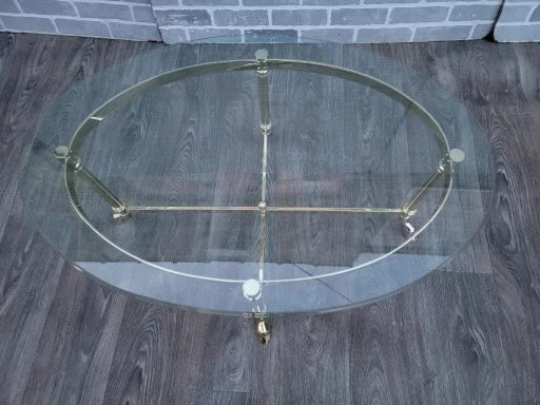 Vintage Newly Plated Solid Brass Base Hoof Foot Oval Beveled Glass Top Coffee Cocktail Table