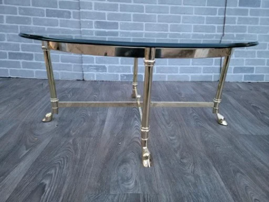Vintage Newly Plated Solid Brass Base Hoof Foot Oval Beveled Glass Top Coffee Cocktail Table
