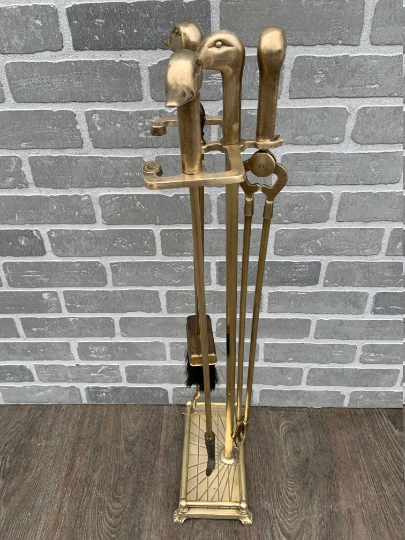 Neoclassical In the Style of Maison Jansen Brass Mallard Duck Head Fireplace Tools and 2 Shell Andirons - 7 Piece Set