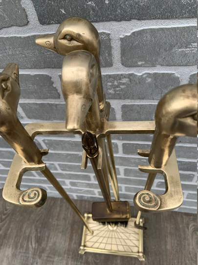 Neoclassical In the Style of Maison Jansen Brass Mallard Duck Head Fireplace Tools and 2 Shell Andirons - 7 Piece Set