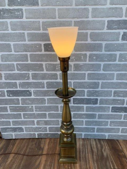Vintage Brass Torchiere Table Lamp with Milk Glass Shade