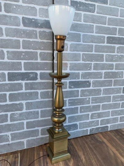 Vintage Brass Torchiere Table Lamp with Milk Glass Shade