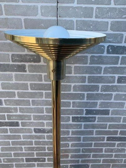 Vintage Art Deco Brass Torchiere Floor Lamp with Brass Shade