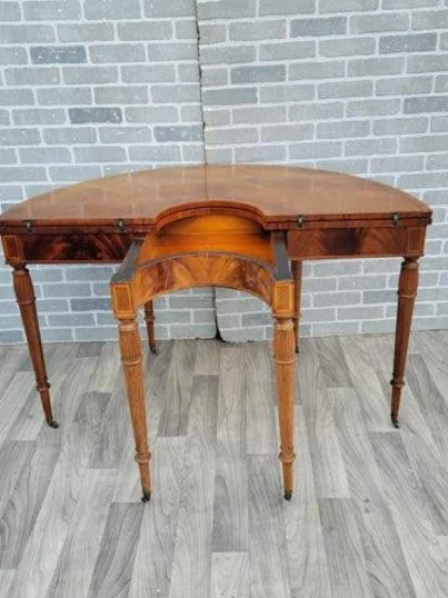 Federal Style Mahogany and Leather Flip Top Demilune or Game Table by Weiman