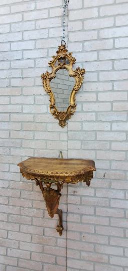 Vintage Italian Baroque Style Ornate Carved Gilded Giltwood Wall Mirror and Wall Shelf