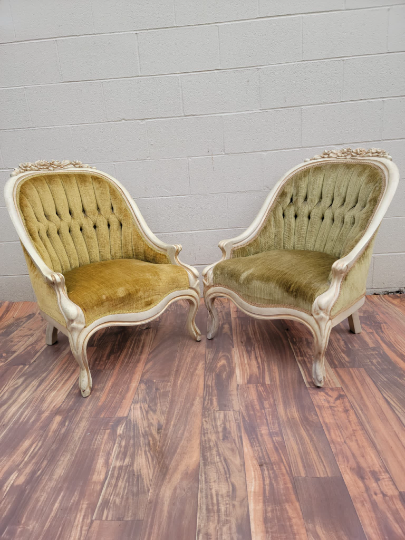 Antique Hollywood Regency Carved French Tufted Back Chairs - Pair