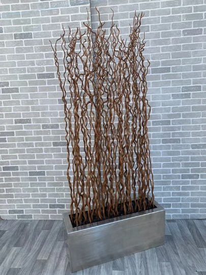 Vintage Rustic Industrial Curly Willow Branches in a Stainless Steel Planter Box with Stones Screen/Room Divider