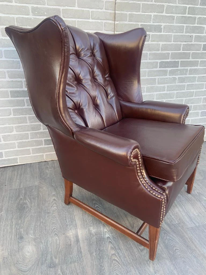 Vintage English Chesterfield Style Wingback Chair Newly Upholstered in a High End Merlot Tufted Back Italian Leather