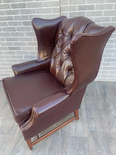 Vintage English Chesterfield Style Wingback Chair Newly Upholstered in a High End Merlot Tufted Back Italian Leather