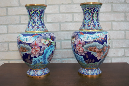 Vintage Chinese Cloisonné Floral Design Vases - Pair