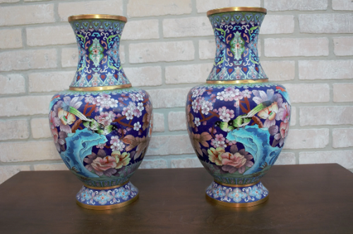 Vintage Chinese Cloisonné Floral Design Vases - Pair