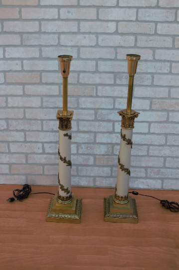 Vintage Neoclassical Column Stiffel Torchiere Brass Table Lamps - Pair