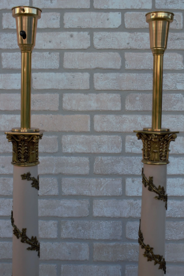 Vintage Neoclassical Column Stiffel Torchiere Brass Table Lamps - Pair