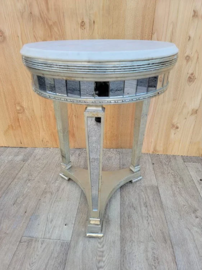 Art Deco Round Mirrored End Table with Marble Top