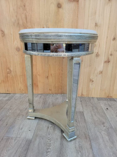 Art Deco Round Mirrored End Table with Marble Top