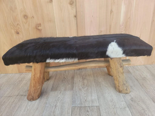 Custom Handmade Black and White Cowhide Bench with Wooden Legs