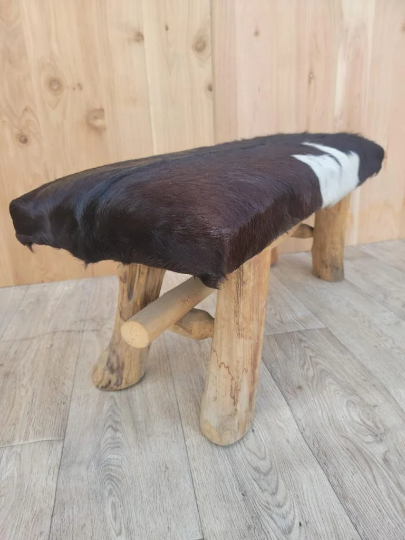Custom Handmade Black and White Cowhide Bench with Wooden Legs