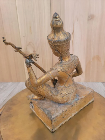 Antique Thailand Gilded Bronze Statue of Saraswati Playing a Vina