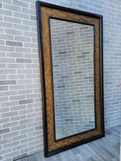 Contemporary Black and Gold Embossed Framed Beveled Floor Mirror by Howard Elliott Collection