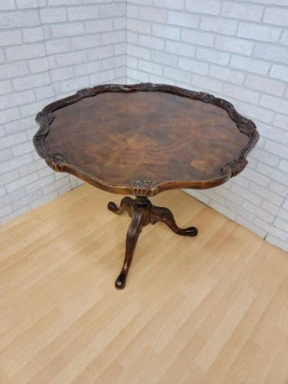 Vintage Georgian Style Flame Mahogany Carved Pie Crust Table by Maitland-Smith