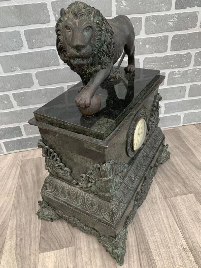 Antique French Marble Bronze Lion Mounted Mantel Clock