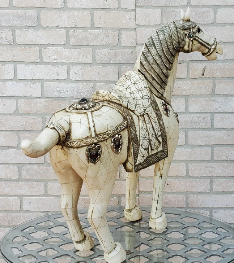 Vintage Bohemian Moroccan Tessellated Bone Tile with Sterling and Stone Medallions Horse Sculpture Statue