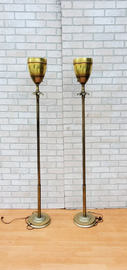 Hollywood Regency Brass Uplight Torchiere Floor Lamp in the Style of Tommy Parzinger - Pair