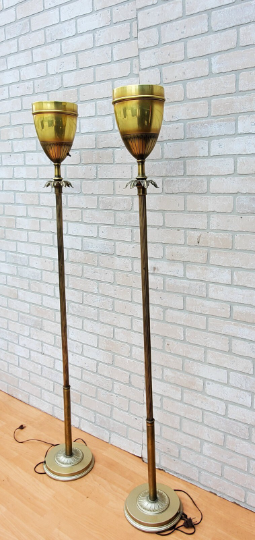 Hollywood Regency Brass Uplight Torchiere Floor Lamp in the Style of Tommy Parzinger - Pair