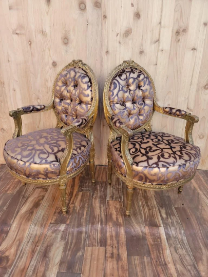 Antique French Louis XV Style Ornate Carved Giltwood Fauteuil Armchairs Newly Upholstered - Pair